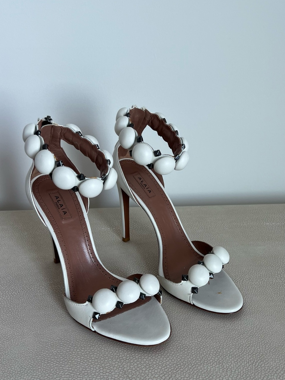 Alaia La bombe 90 White Beaded Leather Stiletto Sandals